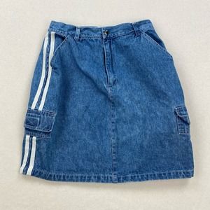 Vintage Denim Mini Skirt Size Medium 26" Medium Wash Pockets Racing Stripes Y2K